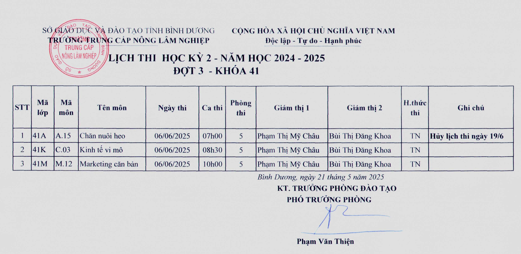 Lịch thi HK2, đợt 3, khóa 41